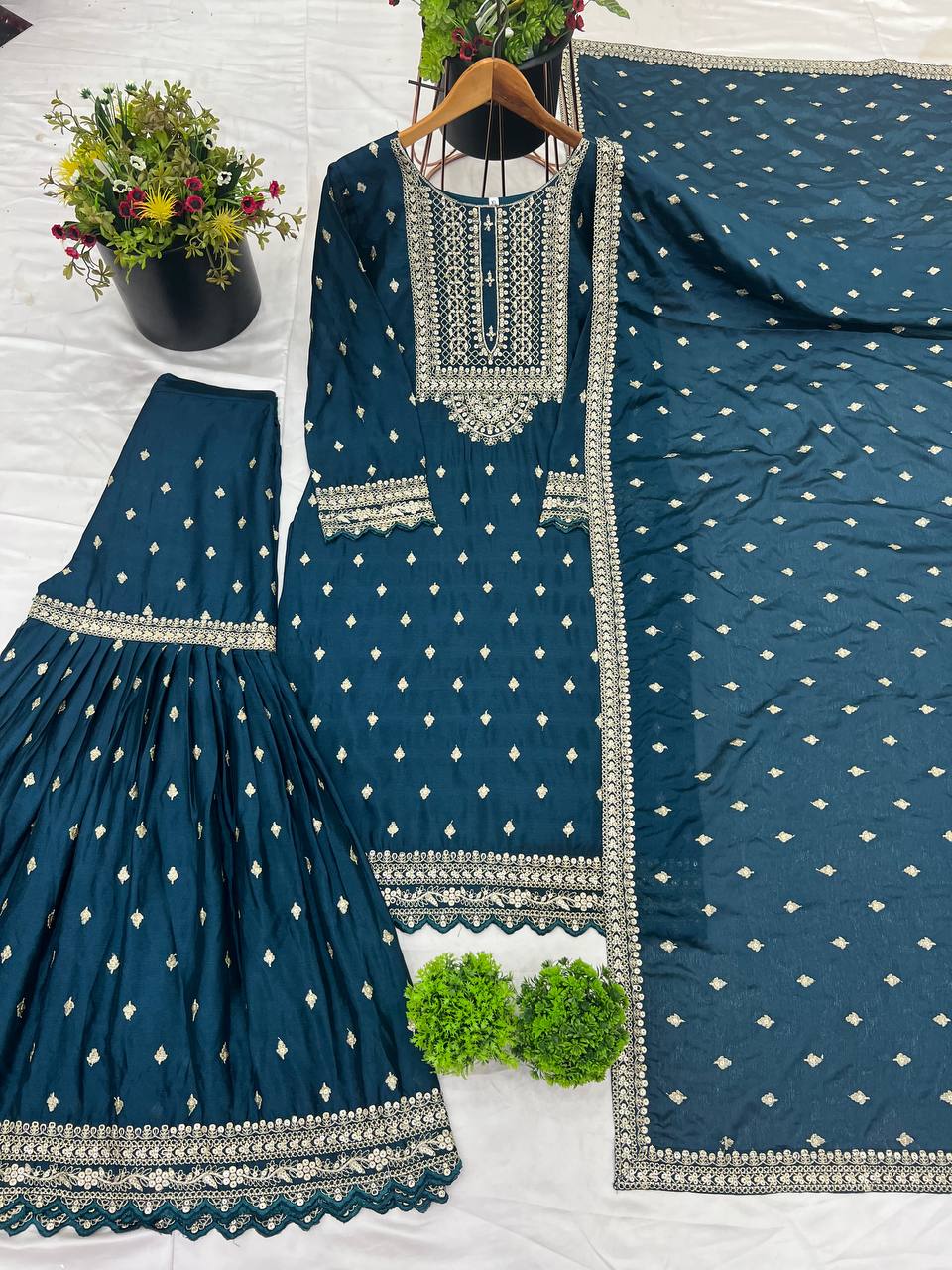 Peacock Blue Chinon Silk Gharara Suit with Zari & Sequin Work