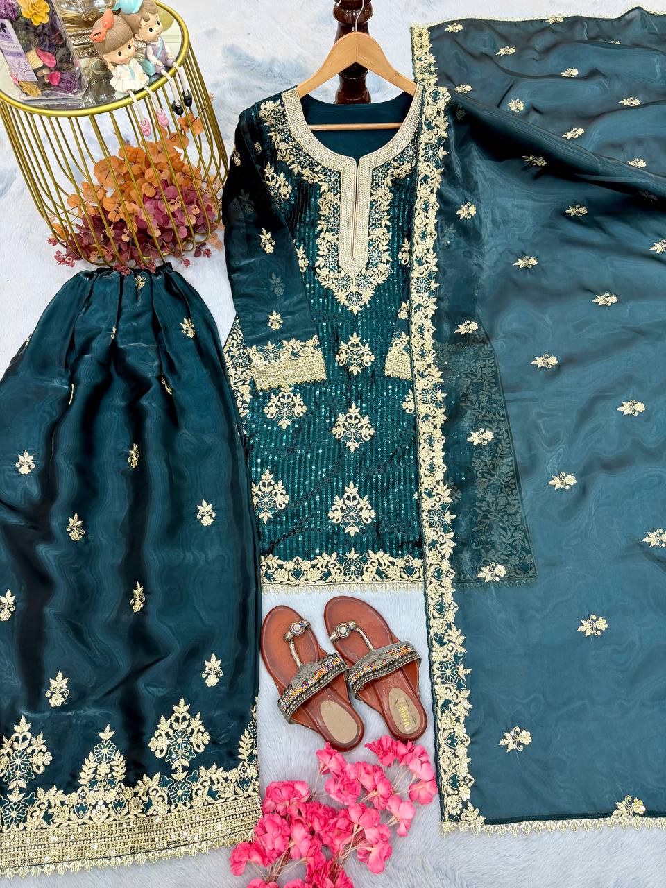 Silk Embroidered Stones Sequins Palazzo Suit Festive Wear