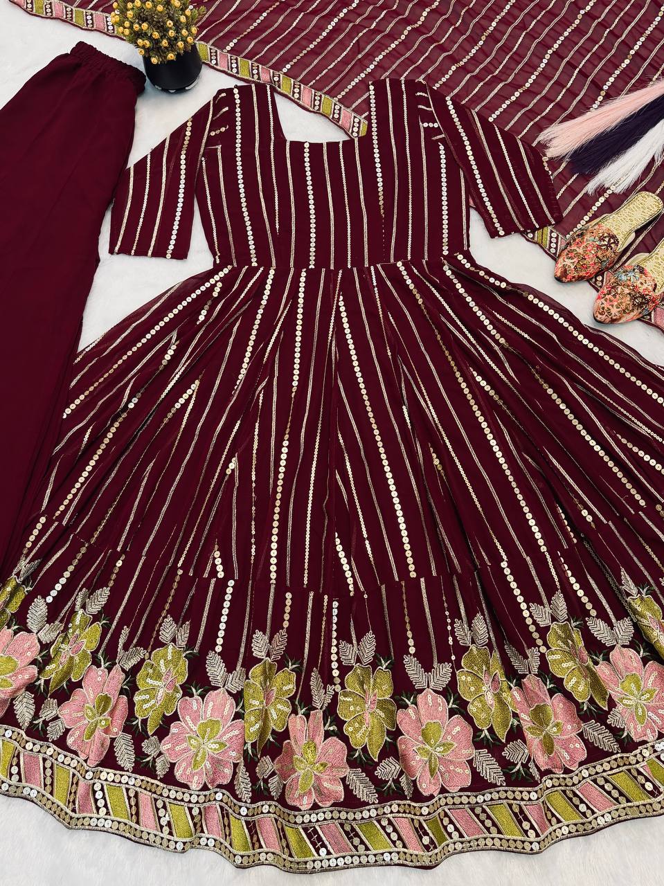 Designer Faux Georgette Anarkali Suit with Sharara Palazzo and Dupatta