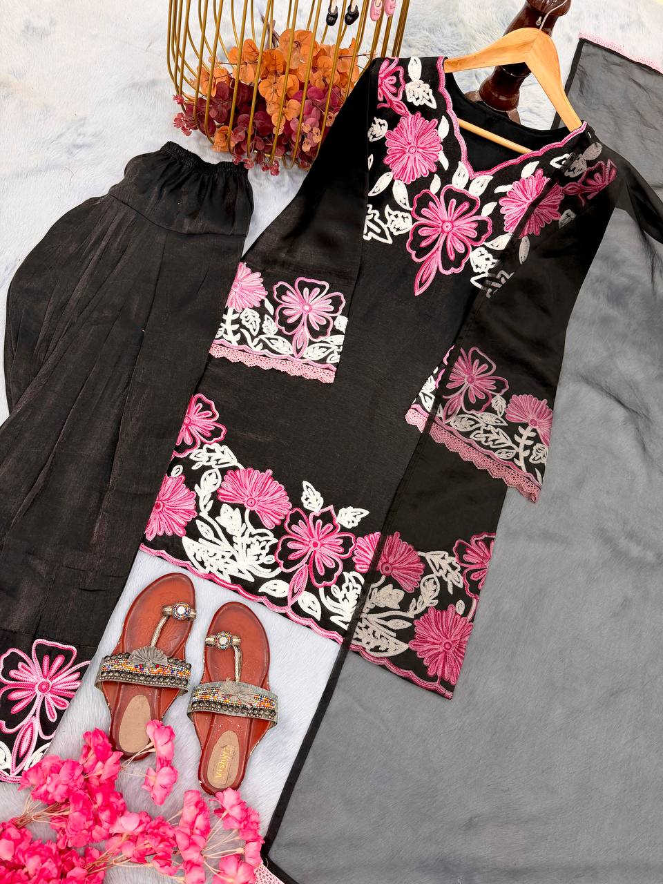 Silk Embroidered Sequins Straight Pant Suit Festive Wear