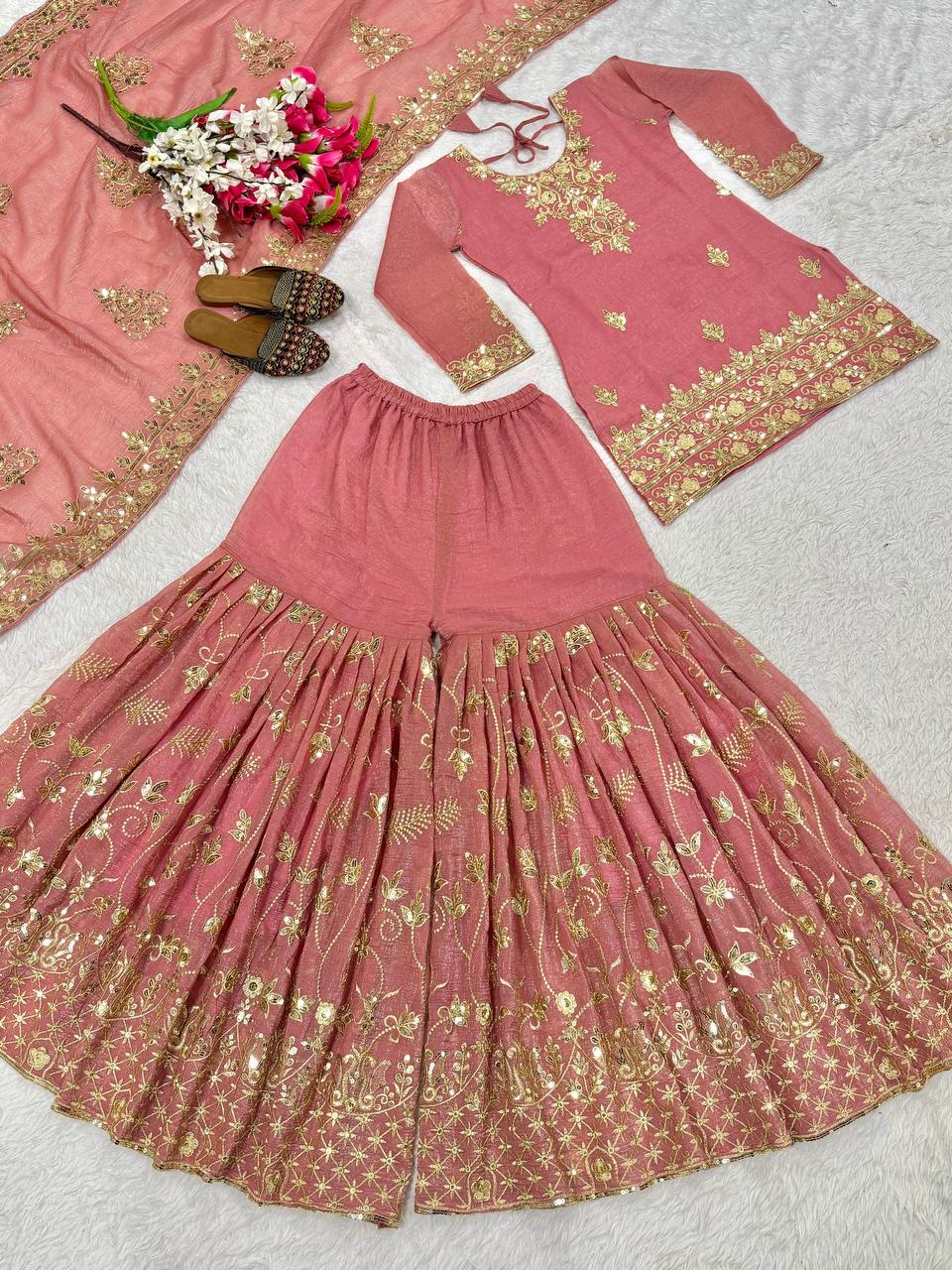 Designer Party Wear Top, Sharara Palazzo & Dupatta in Heavy Crunchy Silk with Sequence Embroidery | 5060
