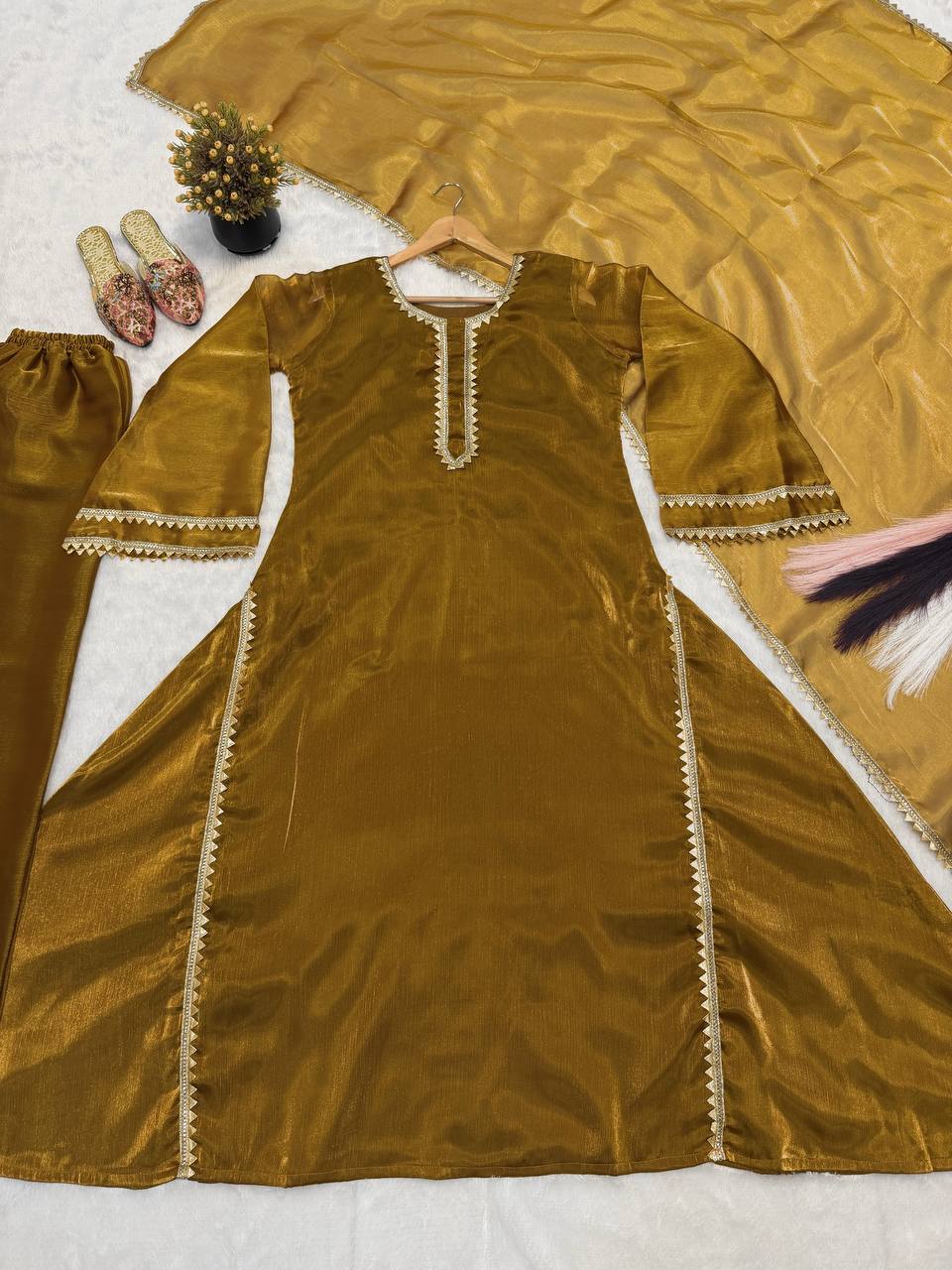 Designer Party Wear Chiffon Burberry Silk Anarkali Gown with Pant Palazzo and Dupatta | MC-2046