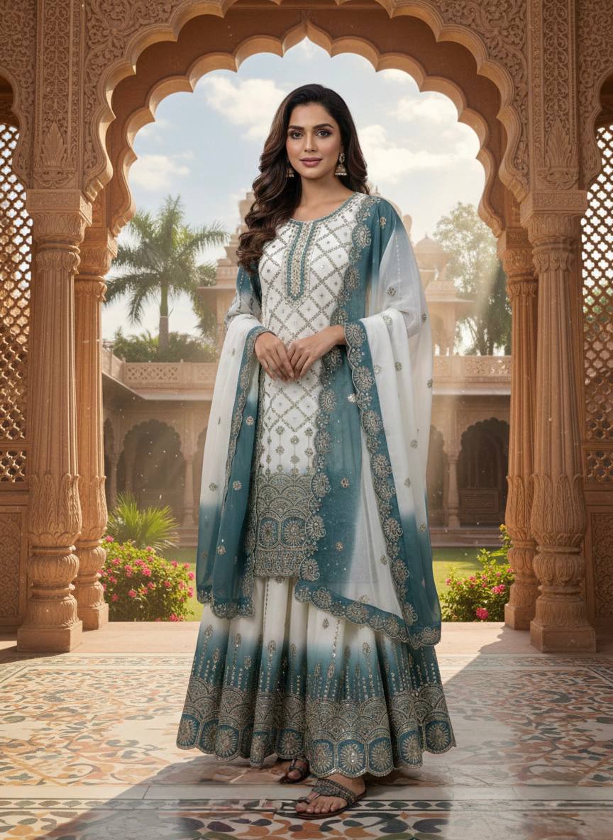 Dual Tone Star Georgette Sequin Embroidered Palazzo Suit — Festive Wear