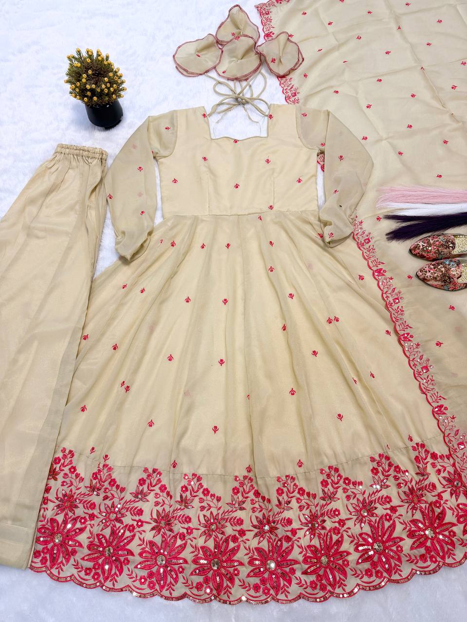 Designer Cosmos Silk Anarkali Suit with Sharara Palazzo and Dupatta