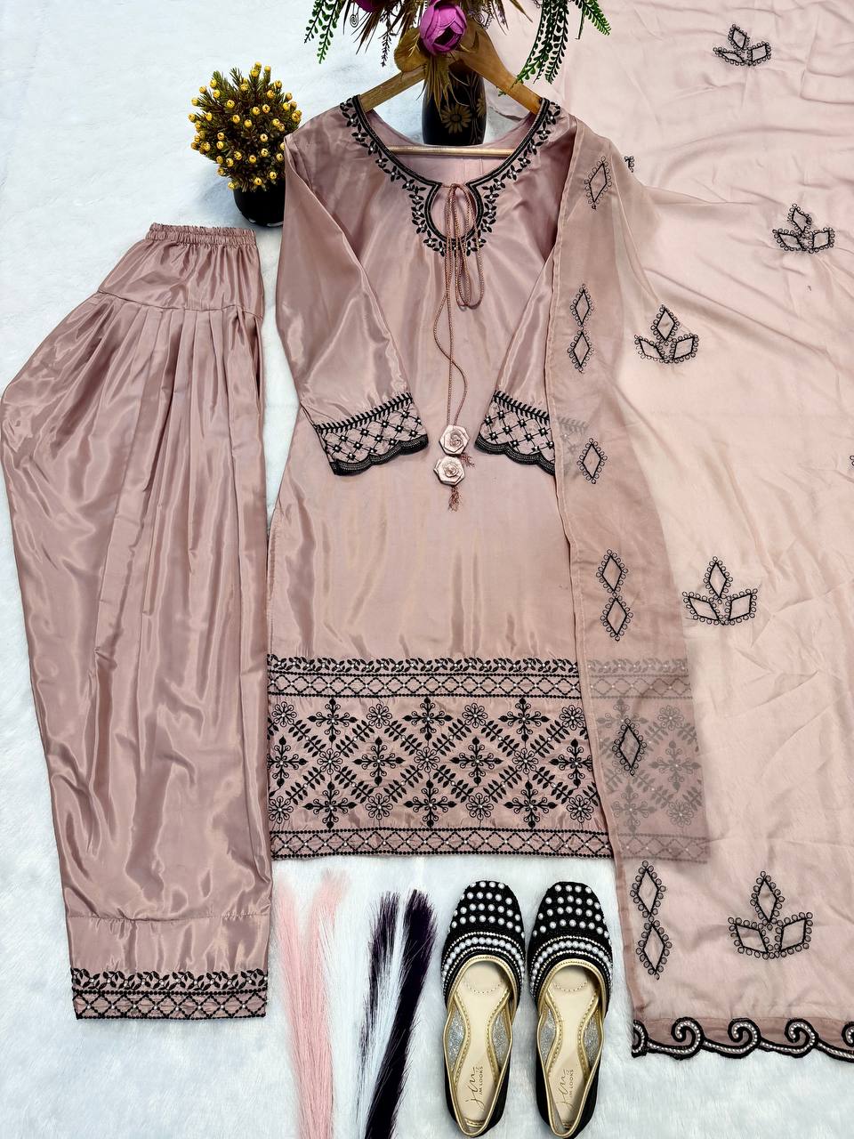 Designer Natural Crepe Silk Embroidered Top Farshi Salwar & Tabby Organza Dupatta Set