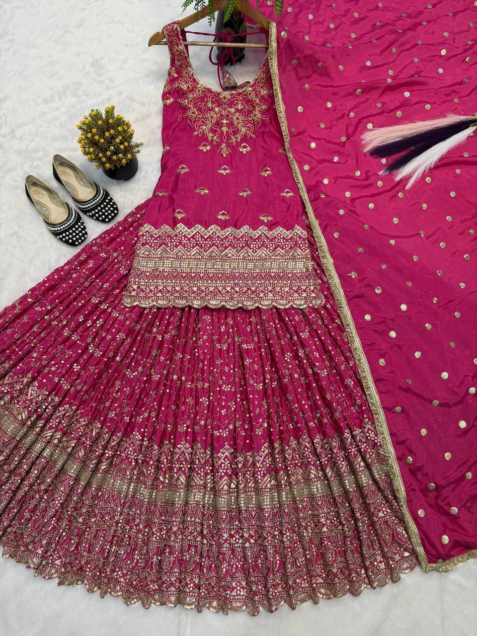 Designer Party Wear Chinon Silk Sequin Top with Lehenga and Dupatta