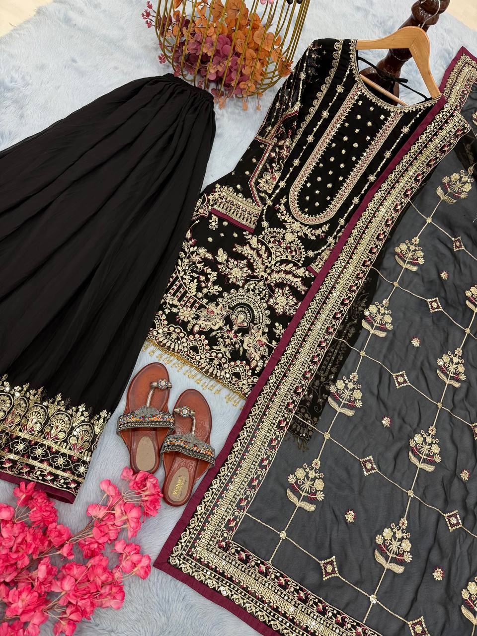 Georgette Sequin & Moti Embroidered Palazzo Suit — Multi Colour Festive Wear