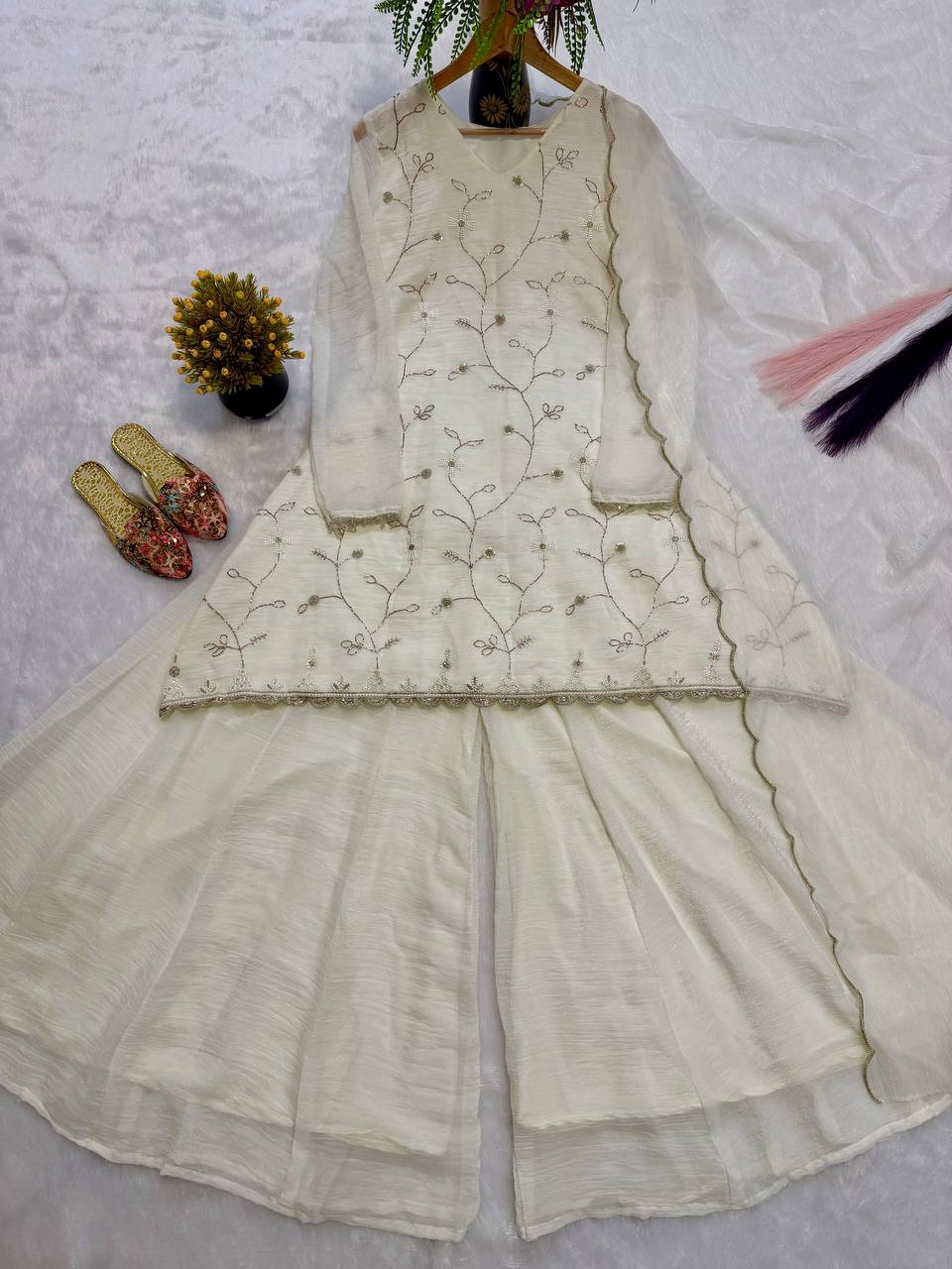 Designer Party Wear Crunchy Georgette Silk Embroidered Top with Sharara Palazzo and Dupatta
