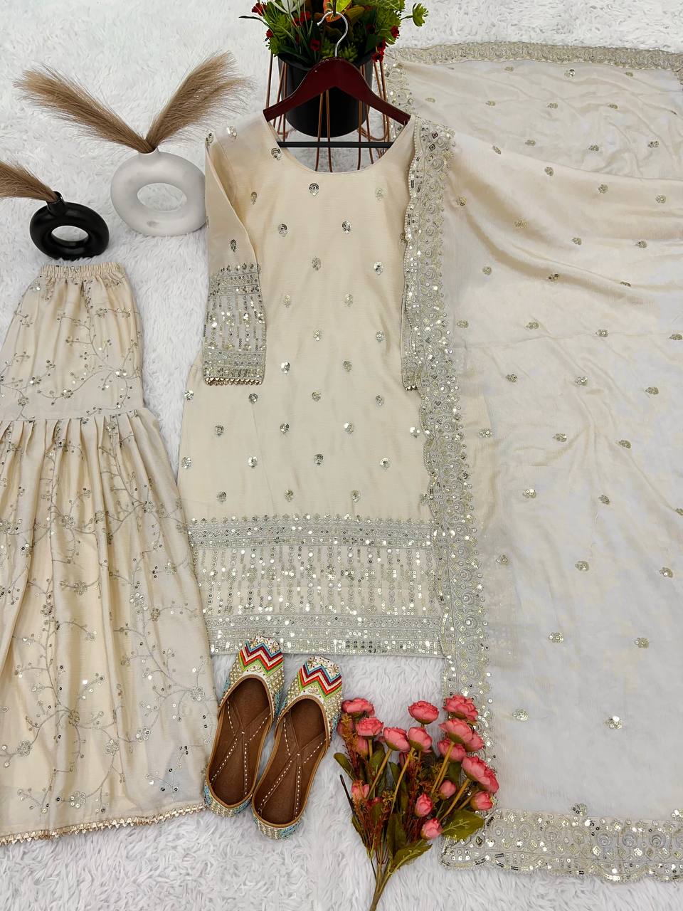 Beige Chinon Silk Embroidered Sharara Set — Designer Evening Party Wear