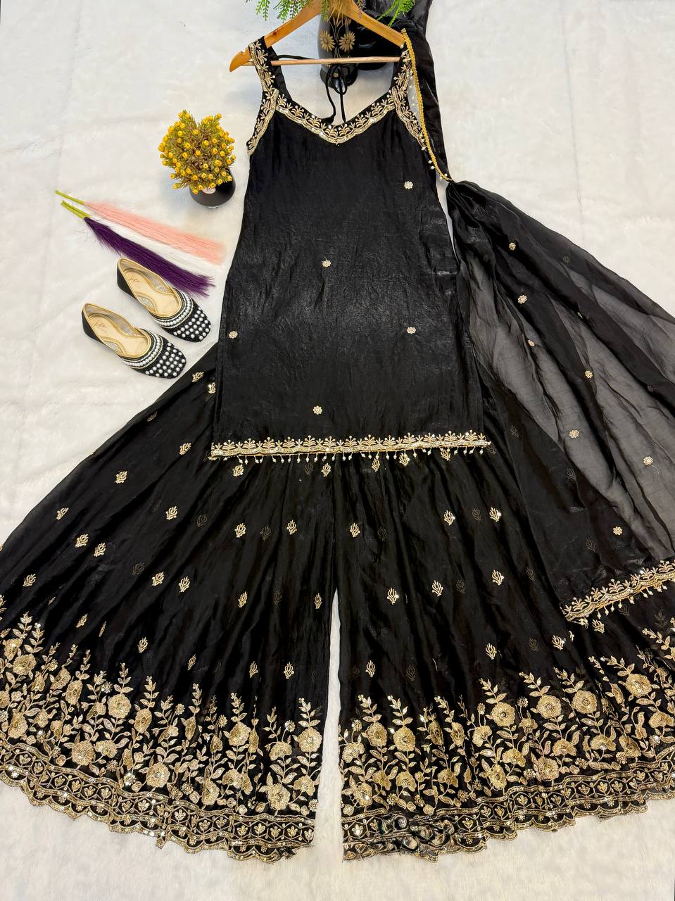 Designer Frendy Silk 5mm Sequin Multi Needle & Zari Embroidered Top Sharara & Dupatta Set