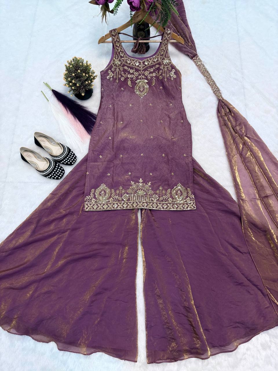 Designer Frendy Silk Bead & Sequin Embroidered Top Palazzo & Dupatta Set