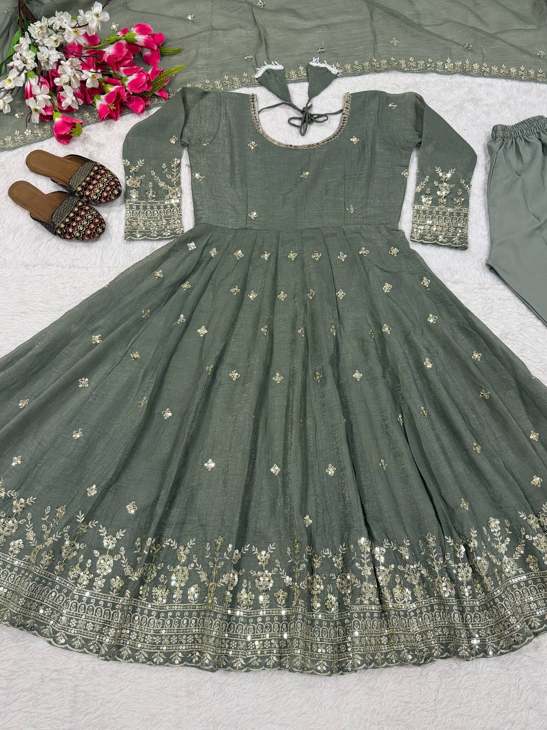 Designer Anarkali Suit in Heavy Crunchy Silk with Sequence Embroidery Work | ND-5065