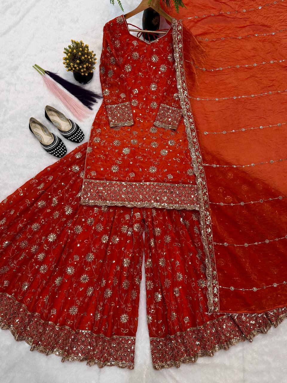Designer Frendy Silk Thread & Sequin Zari Work Top Palazzo & Dupatta Set