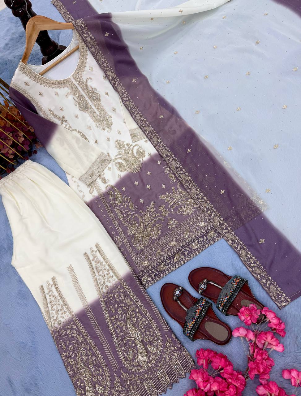 Designer Dual Tone Star Georgette Top Palazzo & Dupatta Set