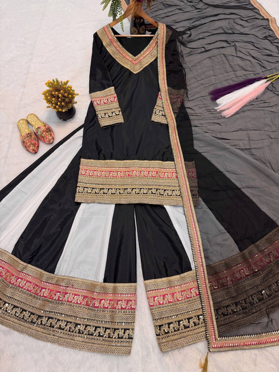 Designer Party Wear Natural Crep Silk Embroidered Top with Sharara Palazzo and Dupatta