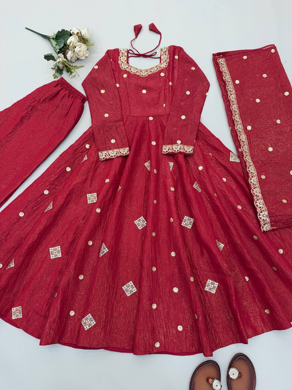 Designer Gown with Pant & Dupatta in Crunchy Silk with Embroidery Sequence Work & Full Flair | SRK-5351