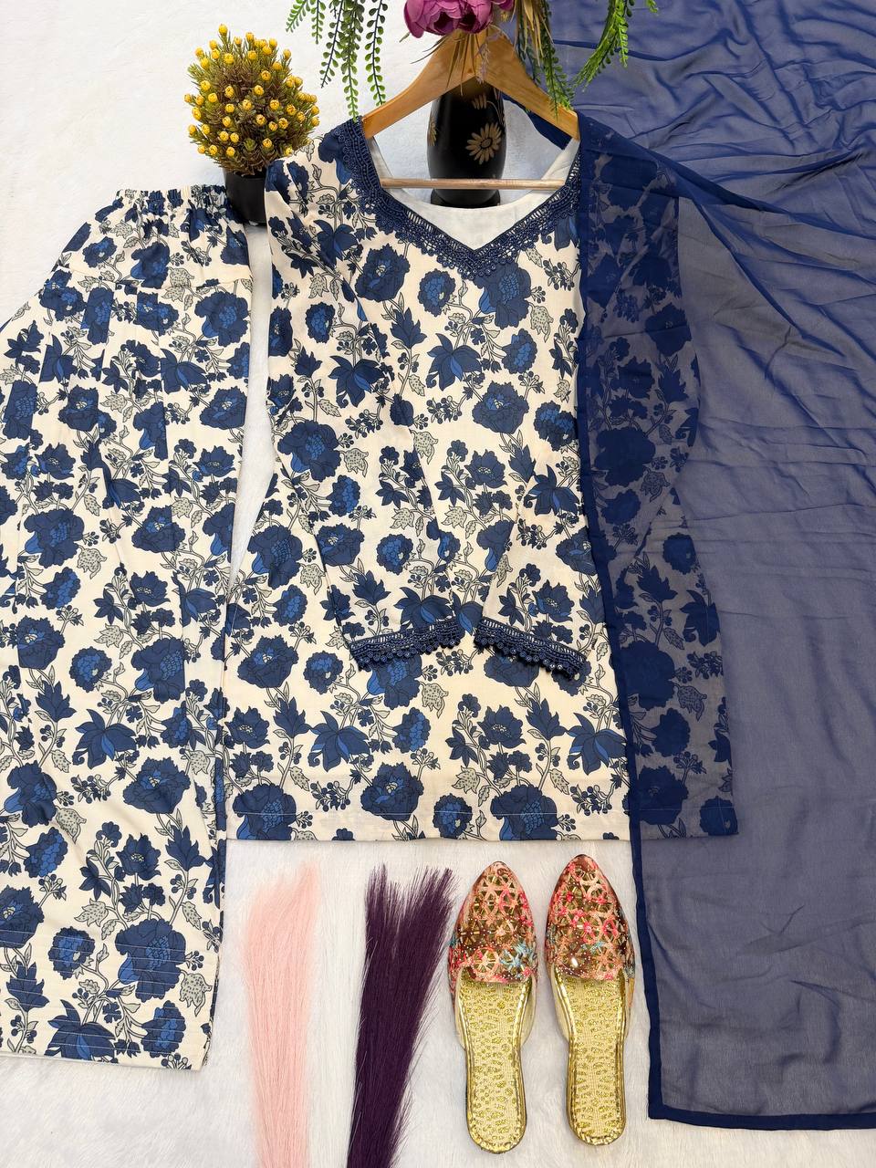 Designer Party Wear Cameric Cotton Top with Farshi Pant and Georgette Dupatta | MF-538