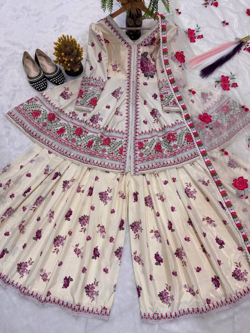 Designer Crepe Silk Peplum Top Sharara Palazzo & Embroidered Net Dupatta Set
