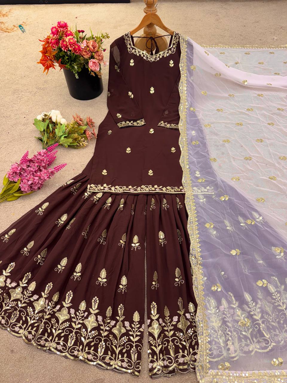 Ash Brown Georgette Sequin Embroidered Sharara Suit - Party Wear - back view | Zahra London
