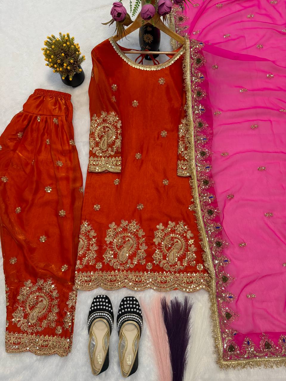 Designer Fancy Crushi Silk Thread & Sequin Embroidered Top Farshi Salwar & Faux Georgette Dupatta Set