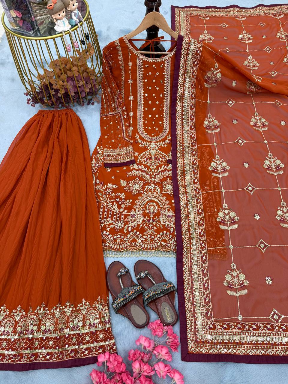 Orange Georgette Sequin & Moti Embroidered Palazzo Suit — Festive Wear