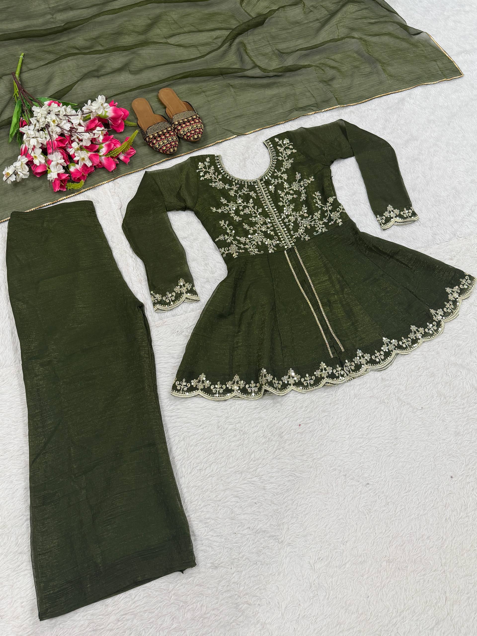 Designer Party Wear Top, Palazzo & Dupatta in Heavy Crunchy Silk with Sequence Embroidery