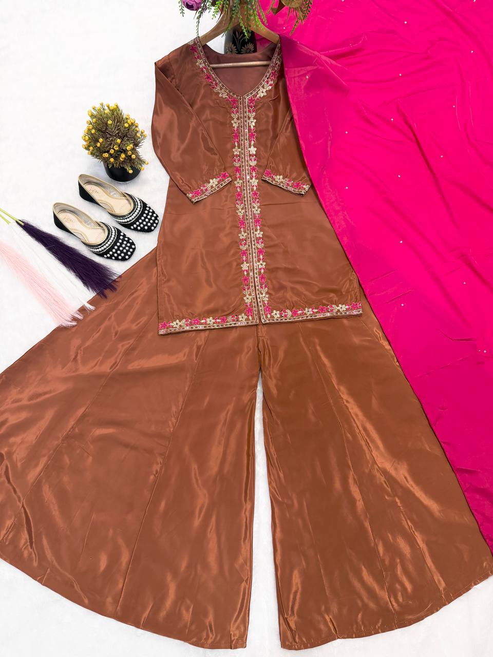 Designer Natural Crepe Silk Multi Needle Sequin Top Kali Cut Flair Palazzo & Stone Work Dupatta Set