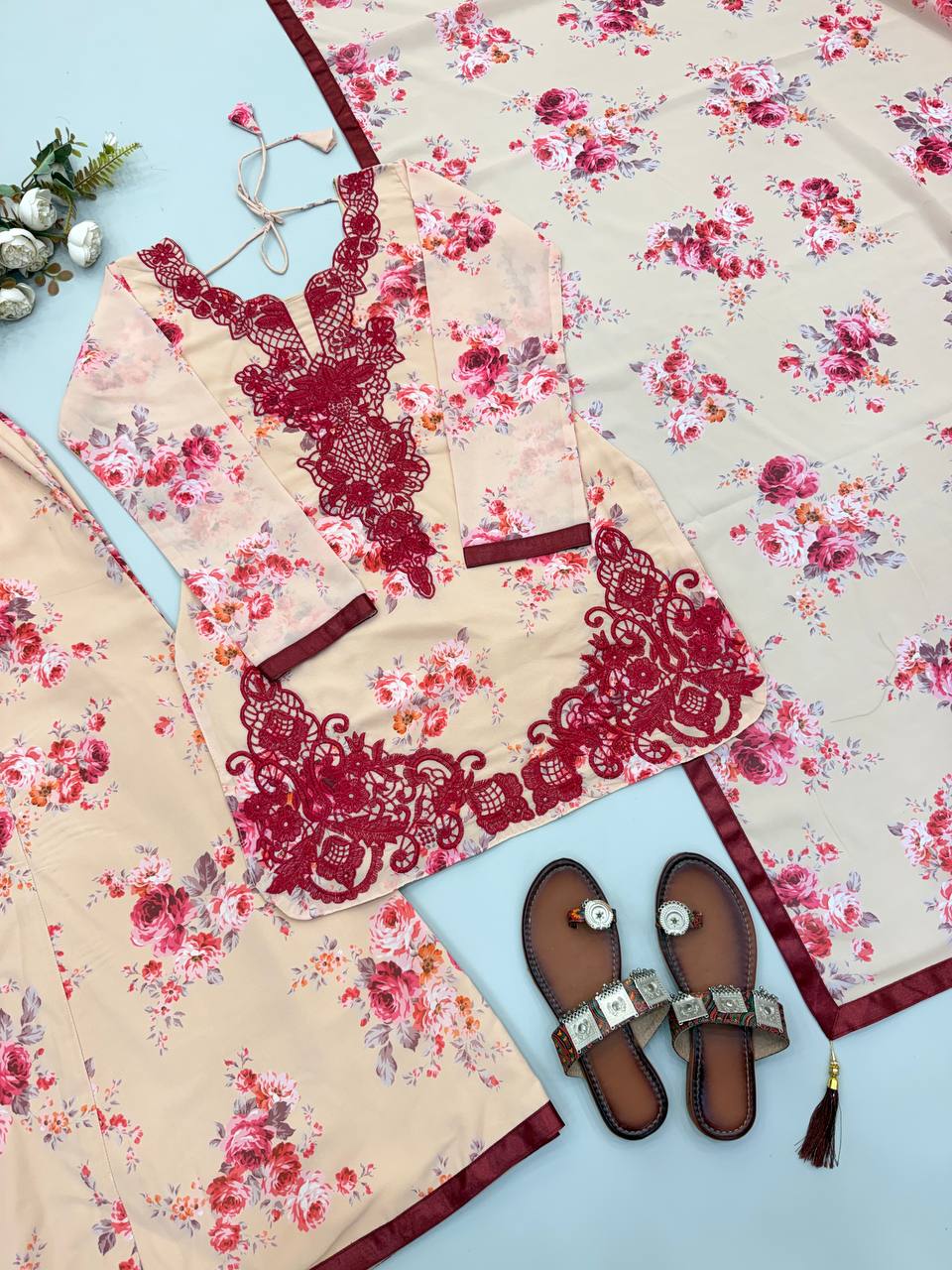 Designer Top, Palazzo & Dupatta in Heavy Faux Georgette Silk with Embroidery & Digital Print | SRK-5352