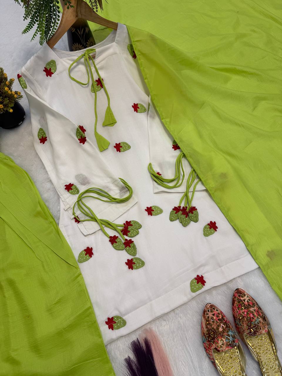 Designer Party Wear Cameric Cotton Embroidered Top with Farshi Pant and Dupatta | MC-2048