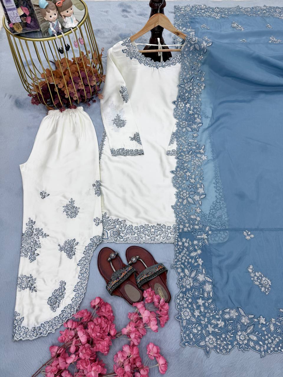 White Roman Glass Sequins Palazzo Suit