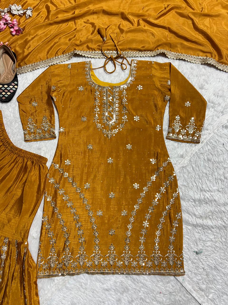 Designer Sharara Palazzo Set in Pure Heavy Chinnon Silk with Heavy Embroidery & Fancy Borders | ND-5063