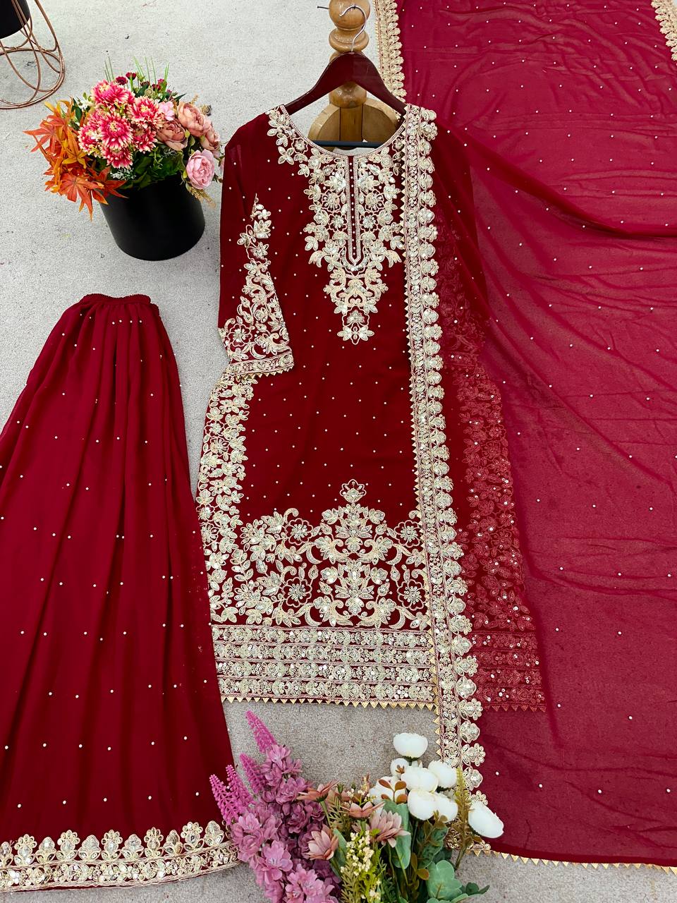 Maroon Georgette Coding Sequence Salwar Suit with Moti Work