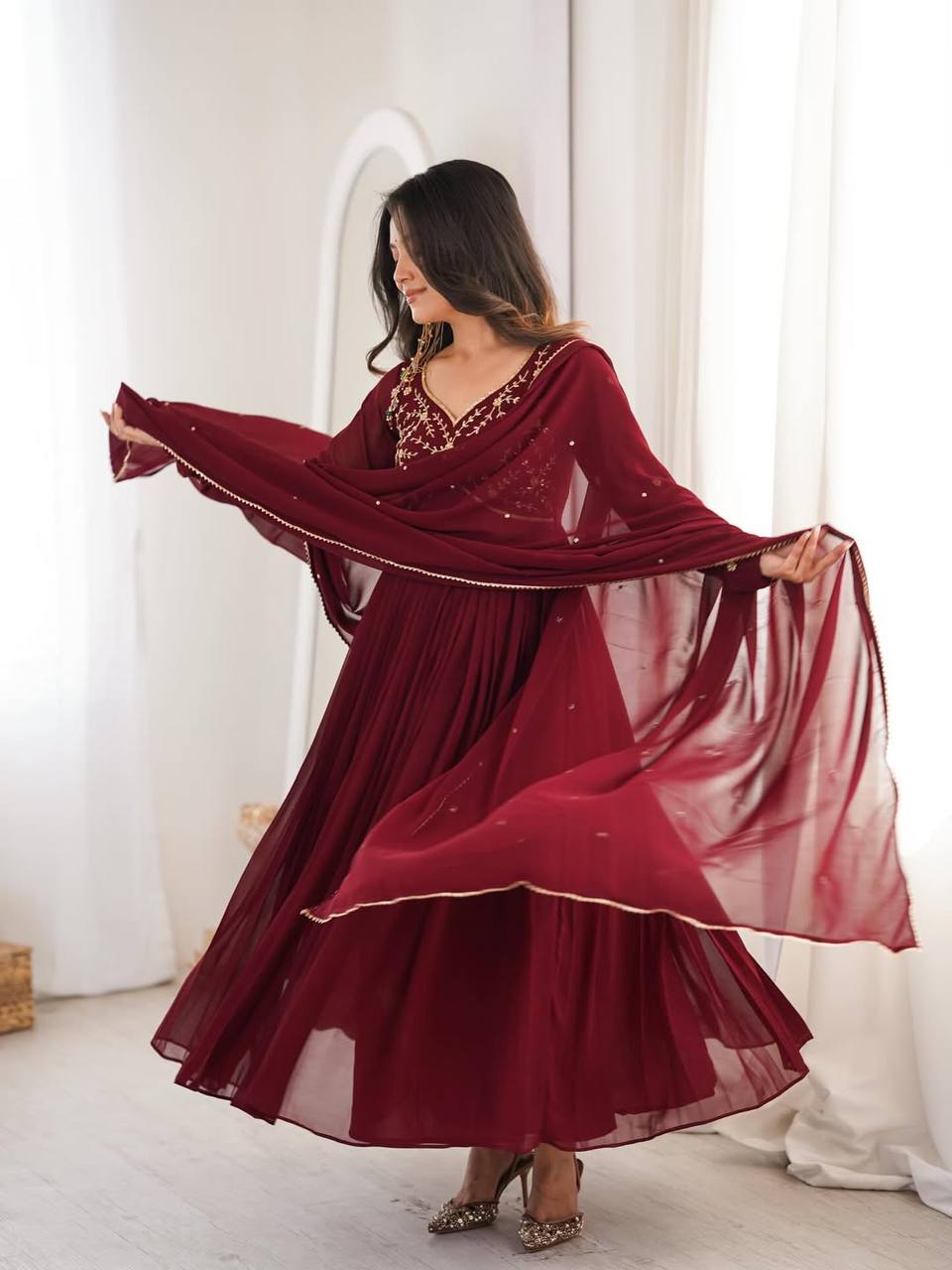 Designer Heavy Faux Georgette Bead Hand Work Gown Anarkali Suit with Pant & Dupatta