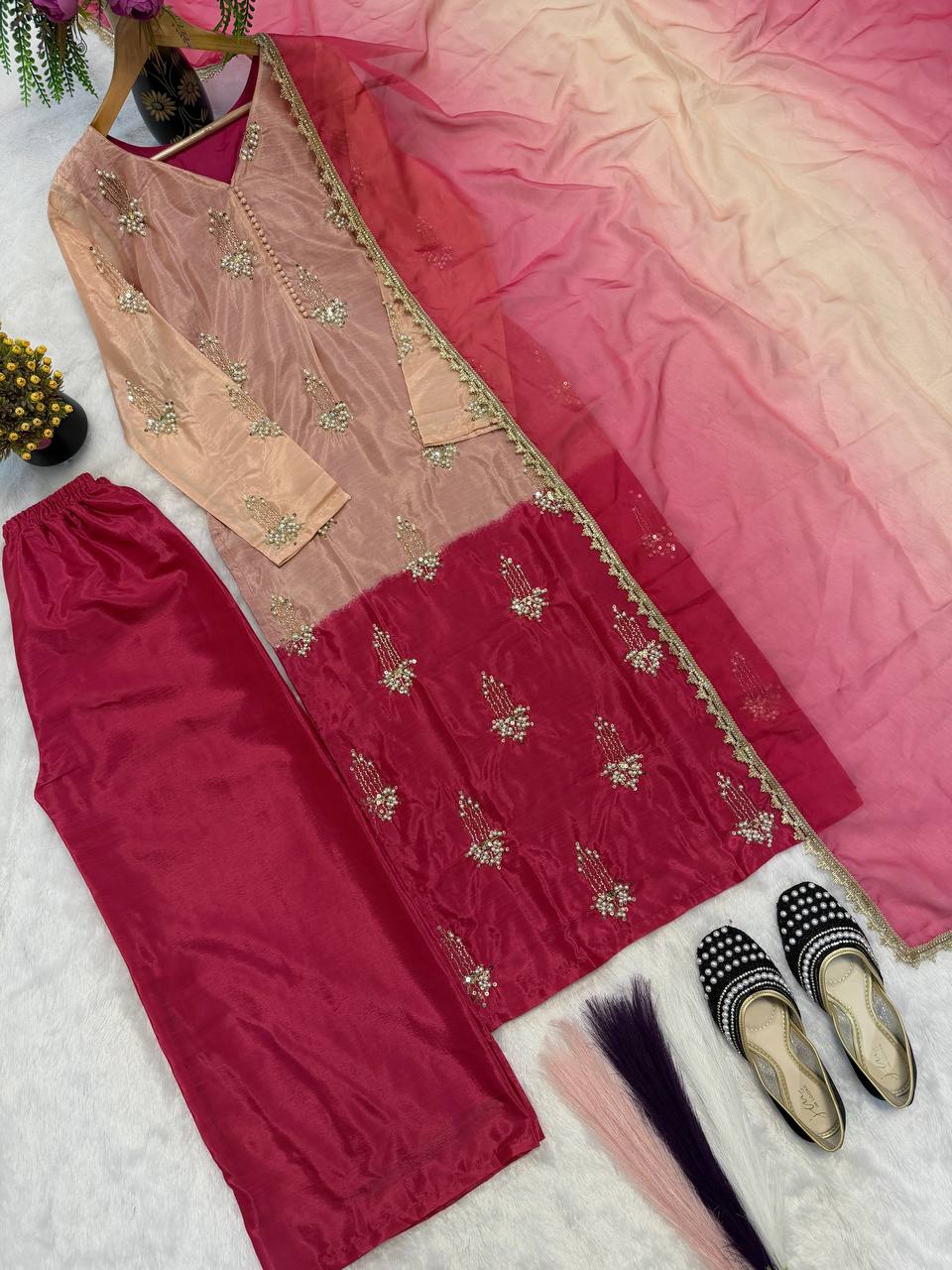 Designer Heavy Chinon Silk Real Bead & Moti Hand Work Sequin Top Palazzo & Chiffon Dupatta Set