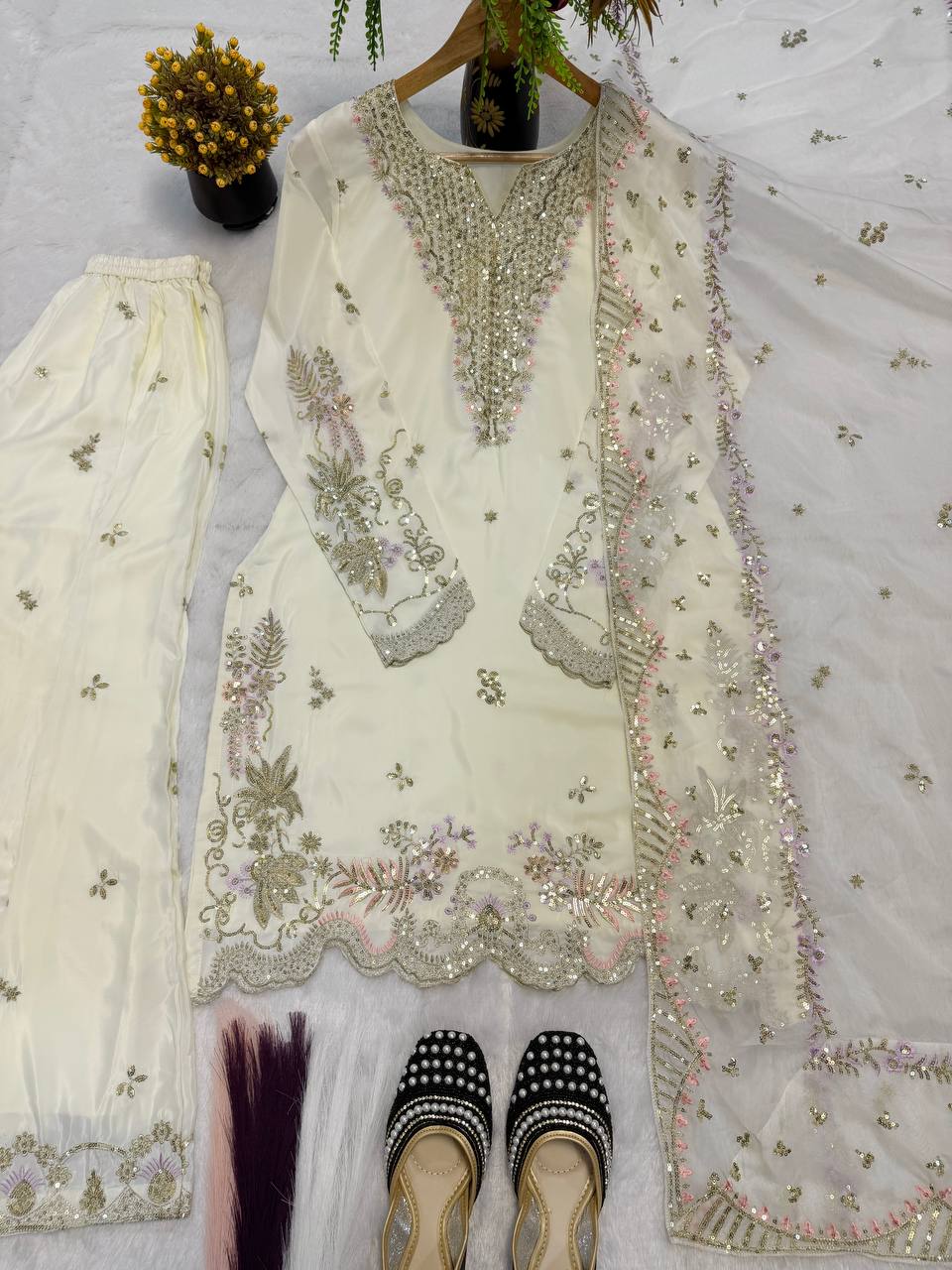Designer Natural Crepe Silk Multi Needle Sequin Embroidered Top Sharara Palazzo & Organza Dupatta Set