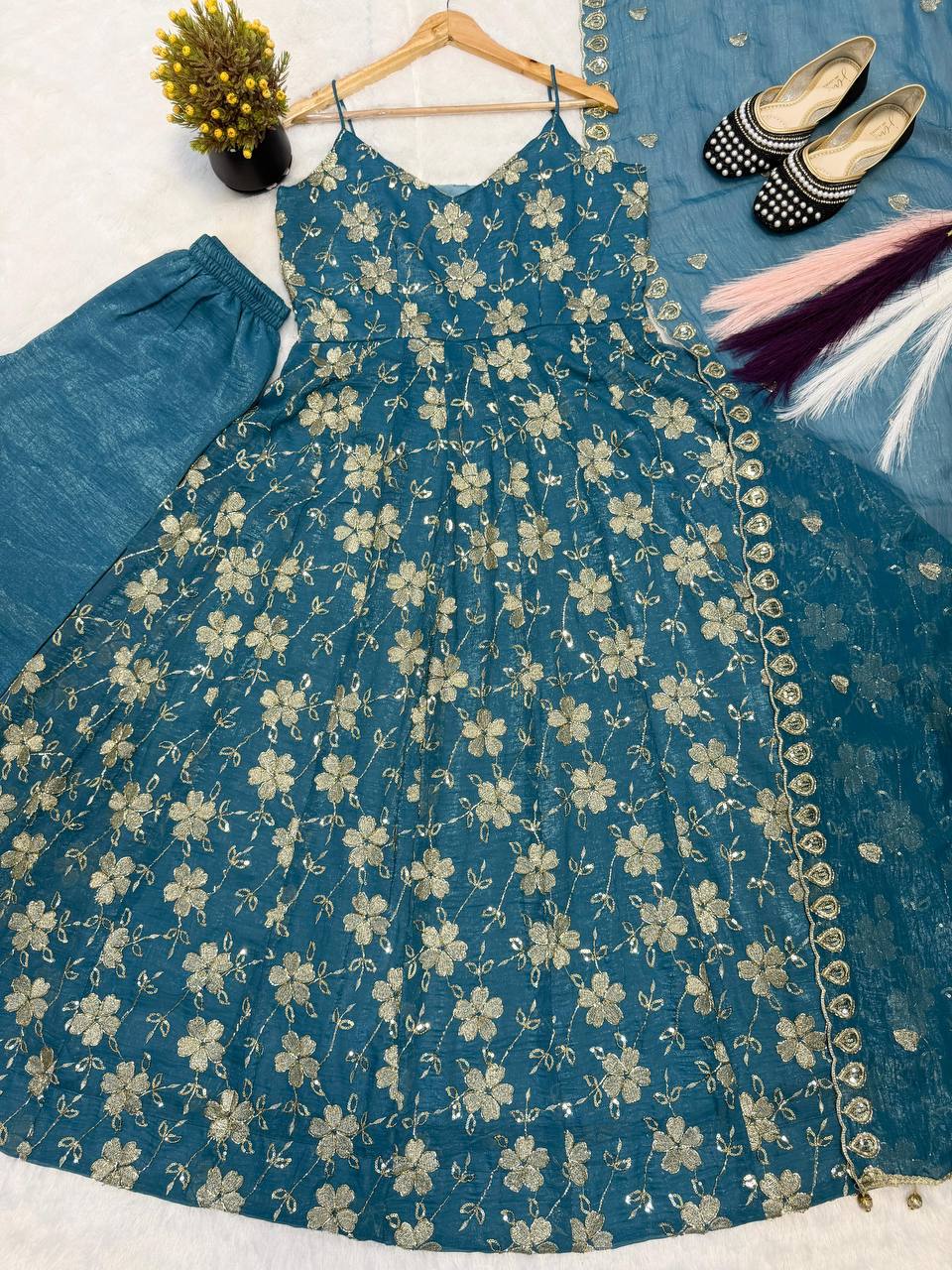 Designer Heavy Crushi Silk Sleeveless Bead Hand Work Anarkali Suit with Pant & Dupatta