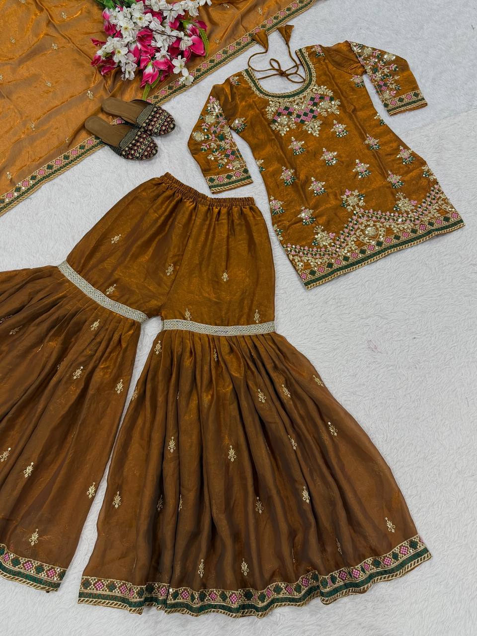 Designer Party Wear Top, Sharara Palazzo & Dupatta in Heavy Fandy Silk with Sequence Embroidery
