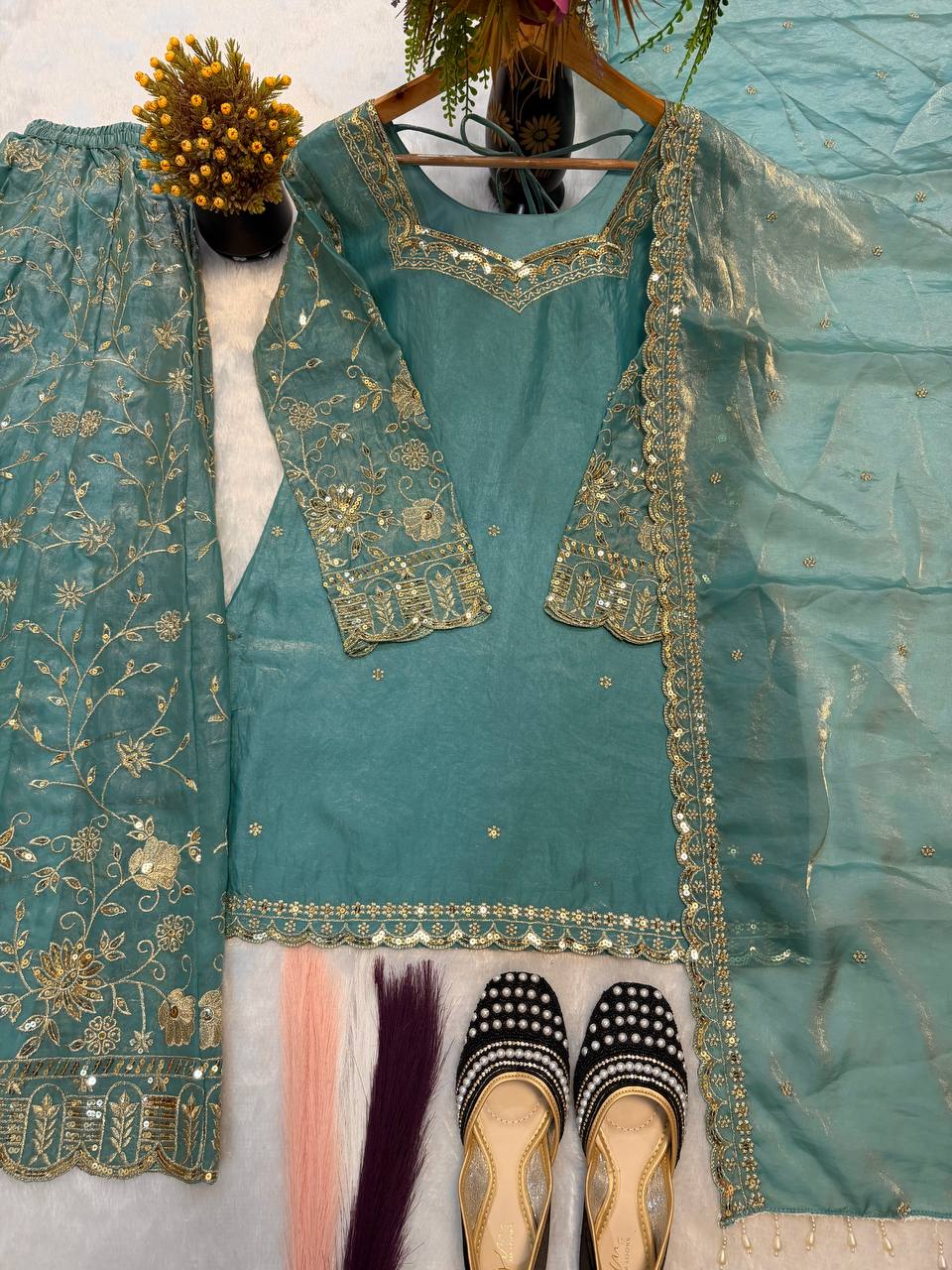 Designer Frendy Silk Sequin & Zari Embroidered Kali Cut Top Palazzo & Dupatta Set