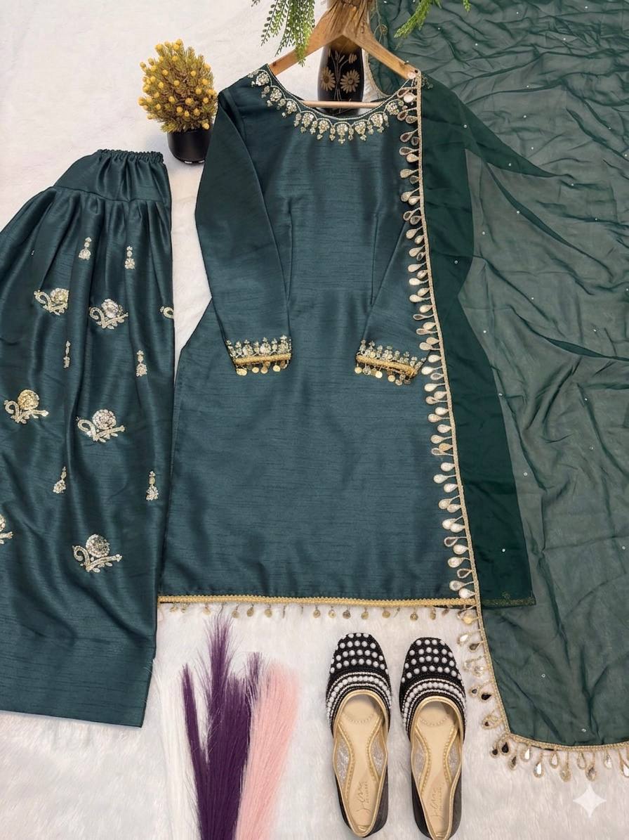 Designer Party Wear Aada Slab Silk Sequin Top with Farshi Salwar and Dupatta