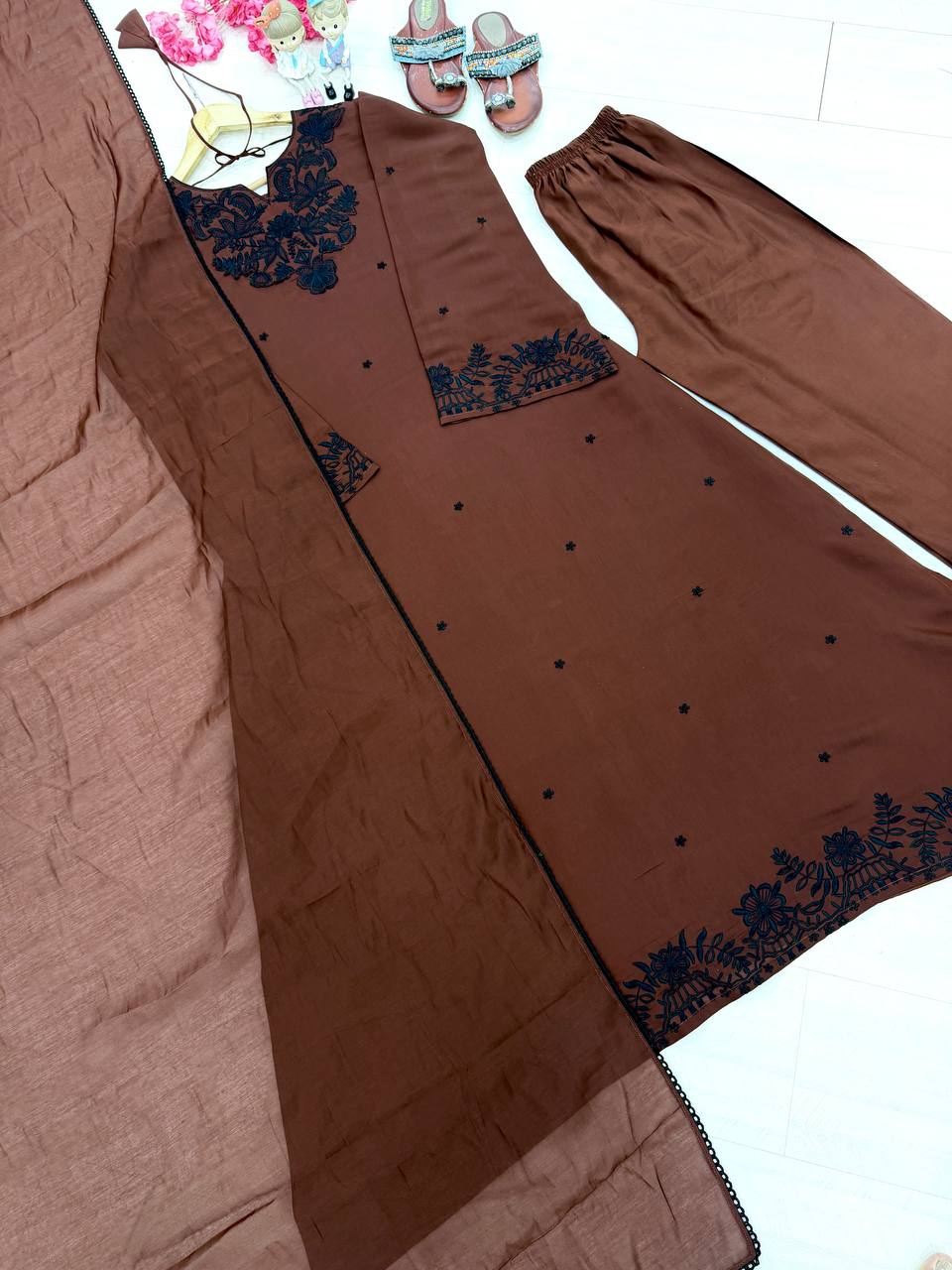 Designer Satin Mul Chanderi Kaftan Dress & Palazzo With Dupatta Set