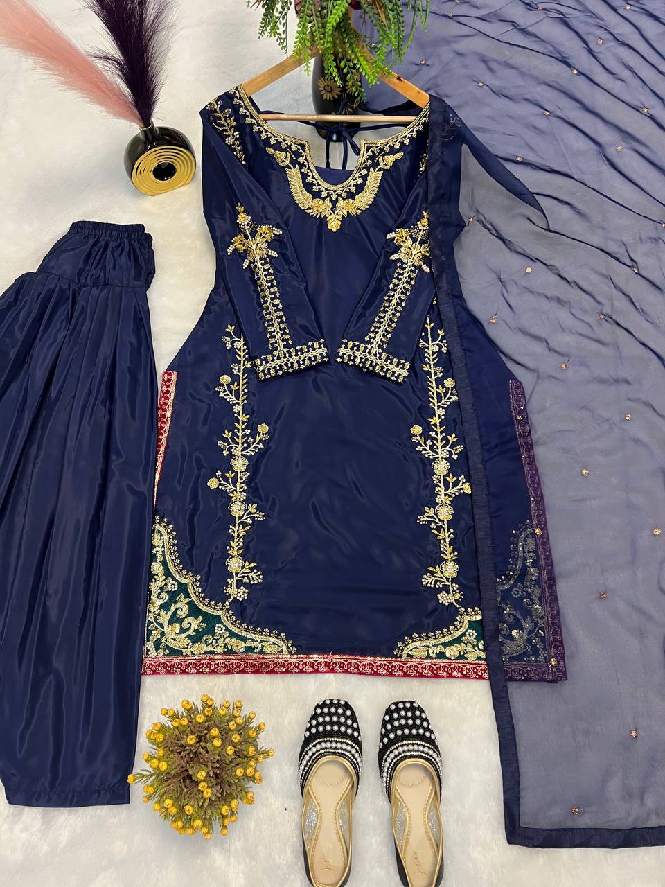 Designer Natural Crepe Silk Moti Full Hand Work Top Farshi Salwar & Organza Dupatta Set