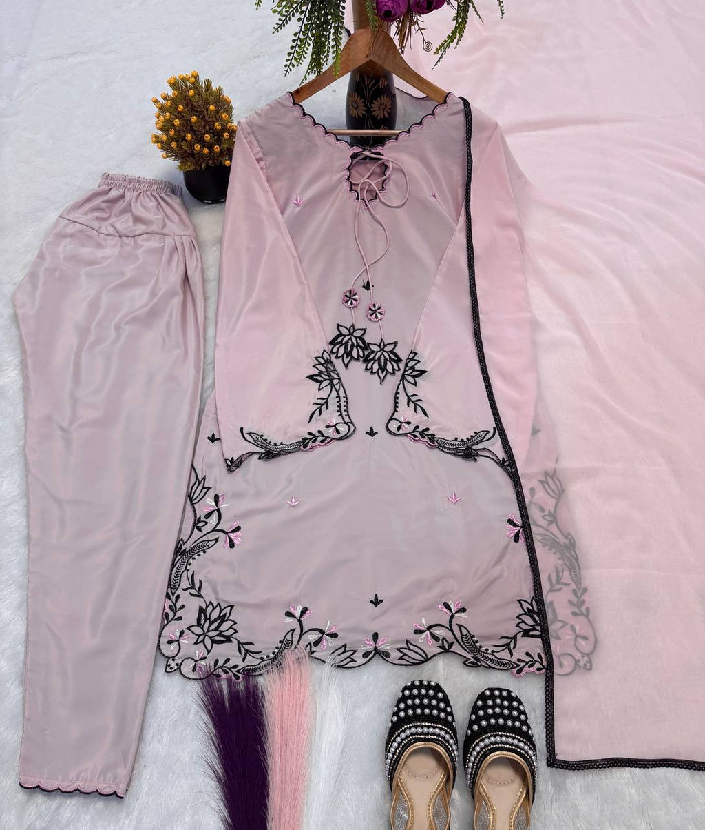 Designer Natural Crepe Silk Fancy Sleeve Embroidered Top Farshi Pant & Georgette Dupatta Set