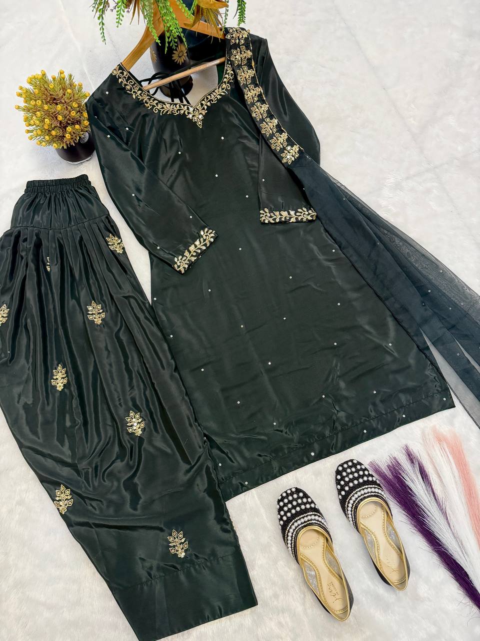 Designer Natural Crepe Silk Diamond Hand Work & Sequin Embroidered Top Farshi Salwar & Organza Dupatta Set