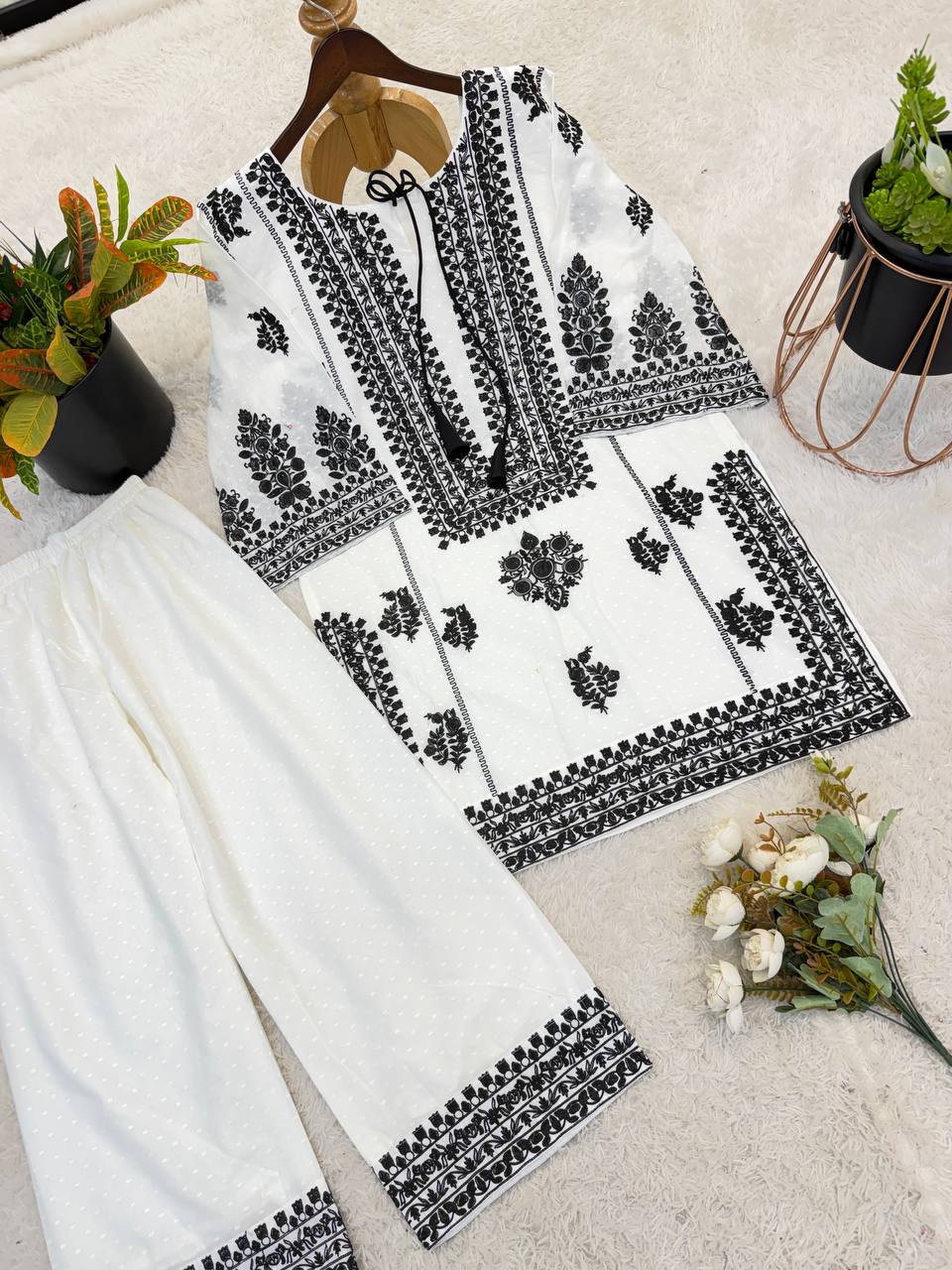 Designer Top & Pant in Rayon Butti Silk with Embroidery Chain Stitch Work | SRK-5349