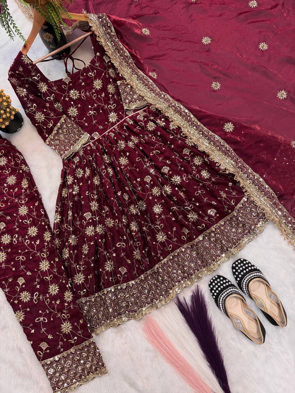Designer Heavy Fancy Silk 3mm & 5mm Sequin Embroidered Gown Top Pant & Dupatta Set