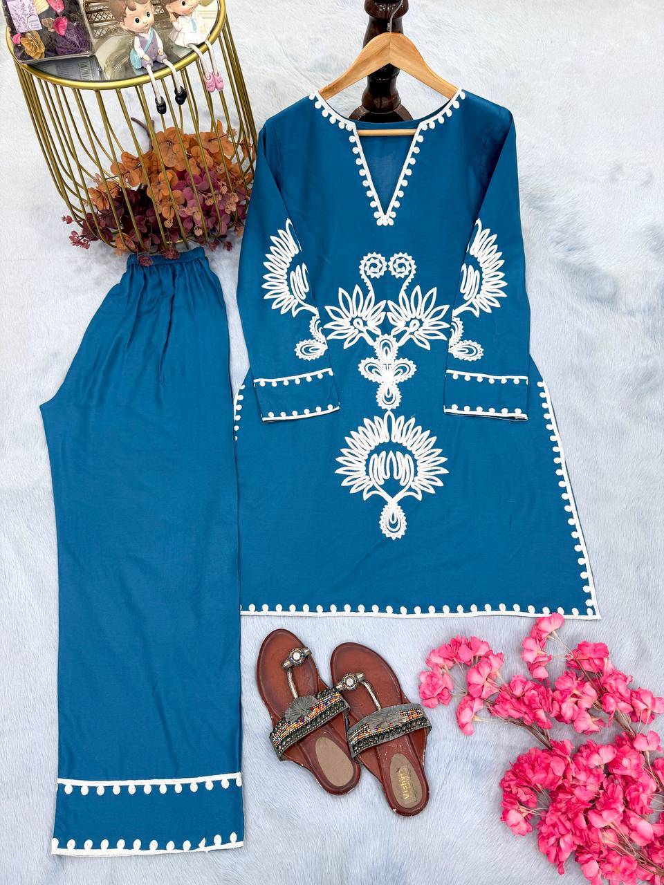 Designer Pure Rayon Embroidered 2-Piece Co-Ord Set