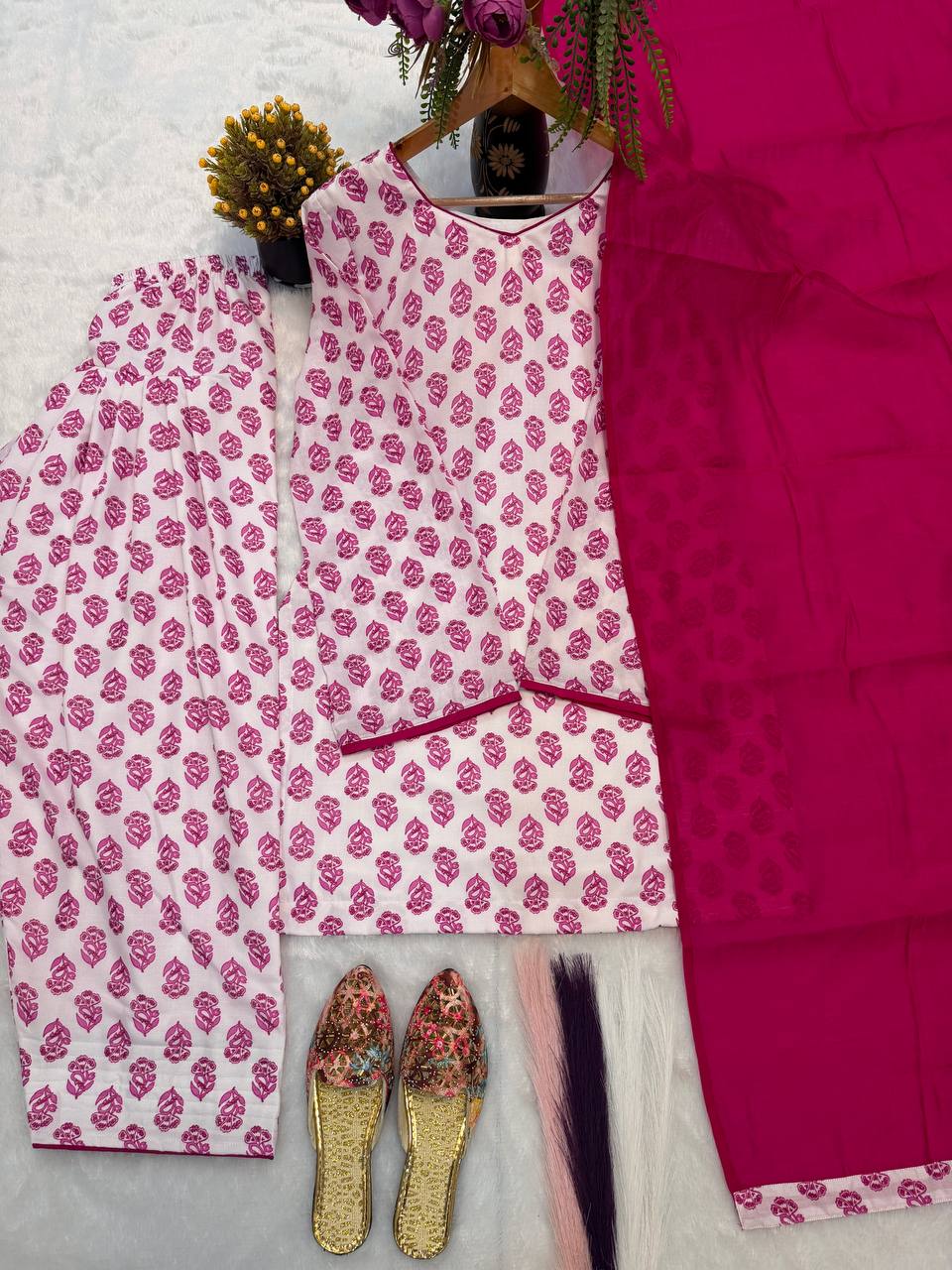 Designer Party Wear Cameric Cotton Fancy Sleeve Top with Farshi Pant and Dupatta