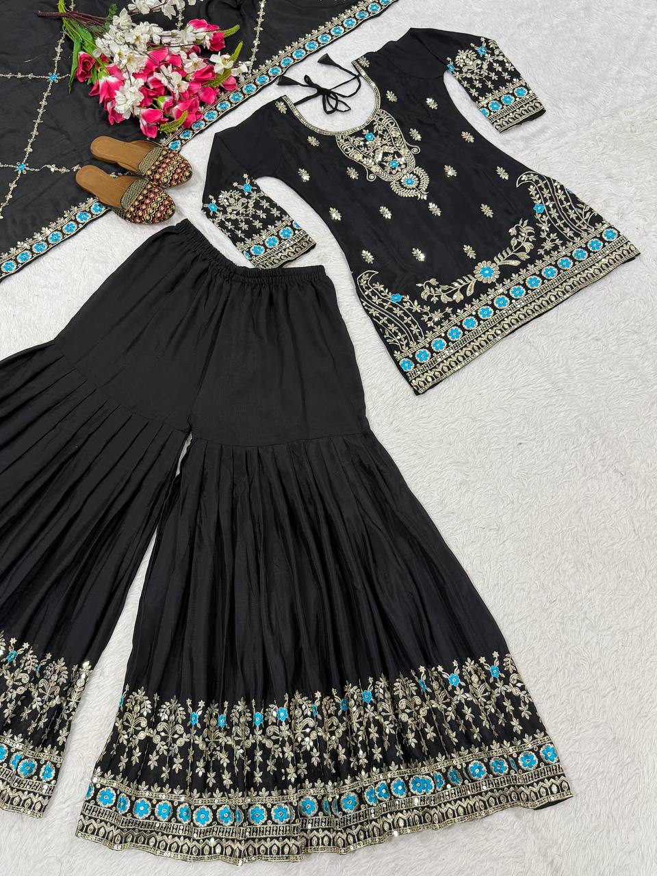 Designer Party Wear Top, Sharara Palazzo & Dupatta in Heavy NC Vichitra Silk with Sequence Embroidery