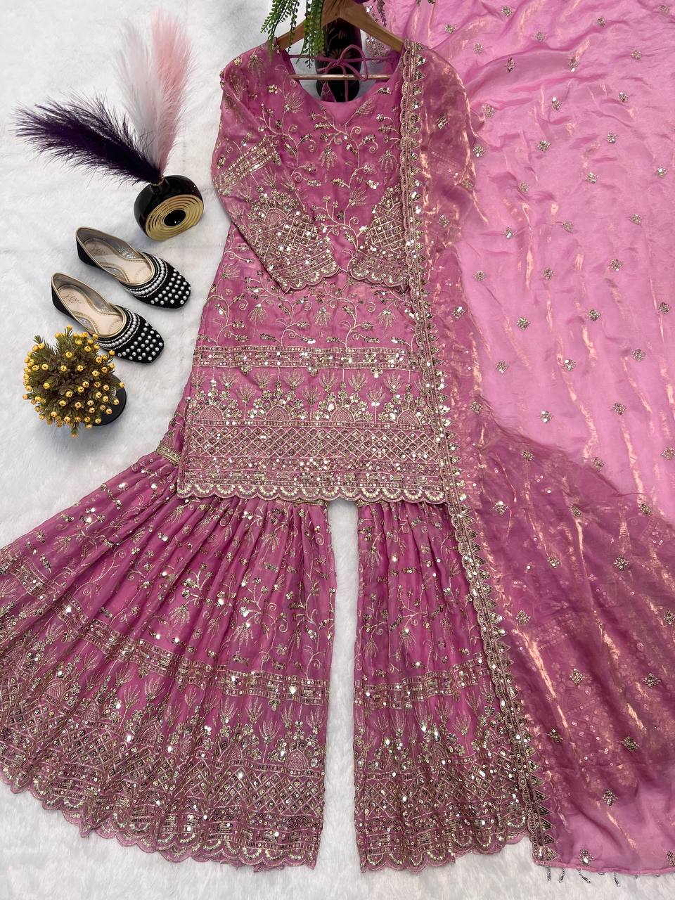 Designer Fancy Crushi Silk Sequin Embroidered Top Sharara Palazzo & Dupatta Set