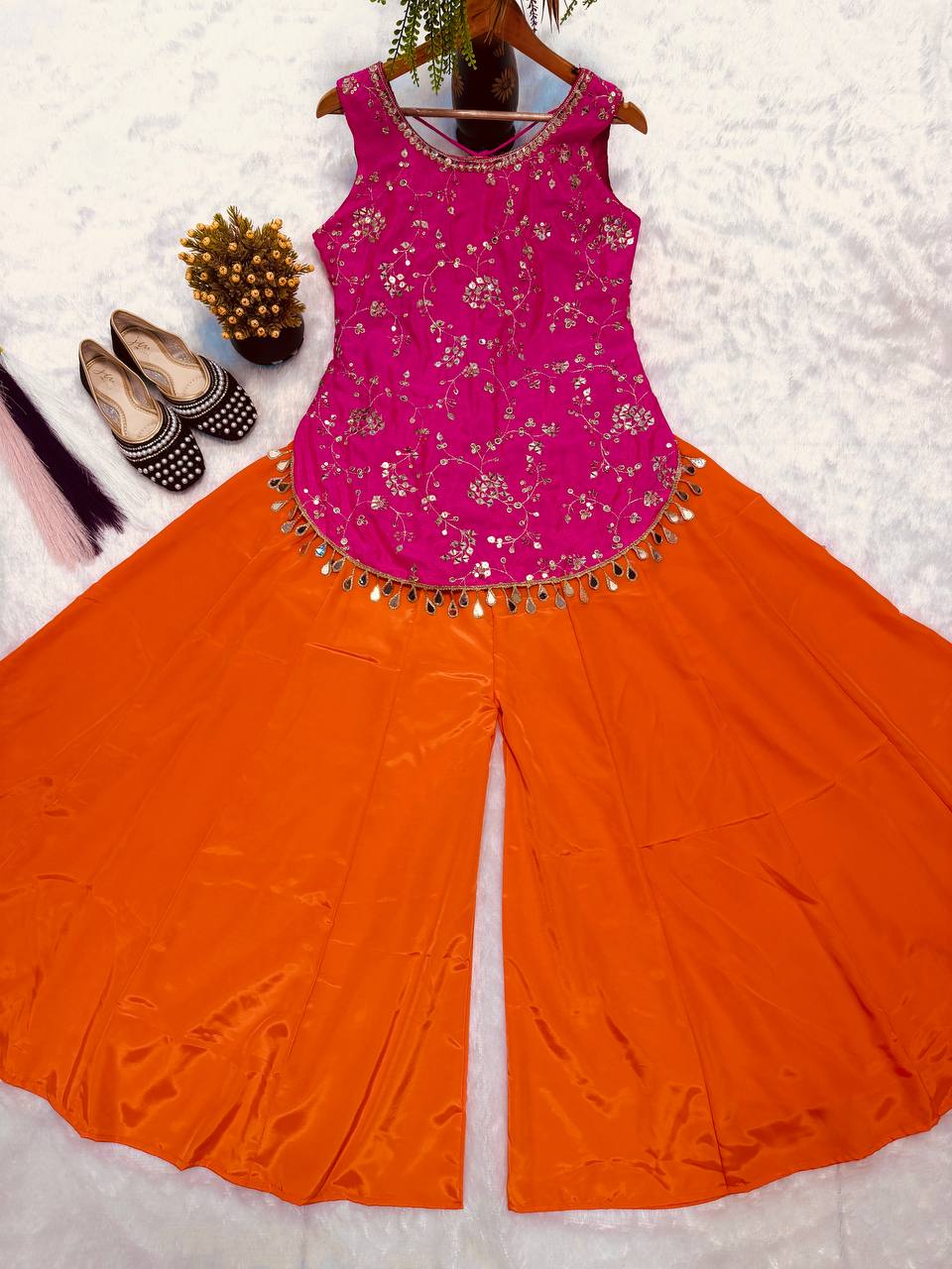 Designer Chinon Silk Sequin & Zari Embroidered Top Sharara Set